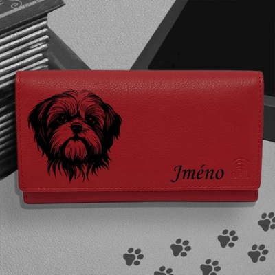 Carlo Kožená peněženka s motivem psa Shih Tzu zdarma jméno nebo text pánská vínová