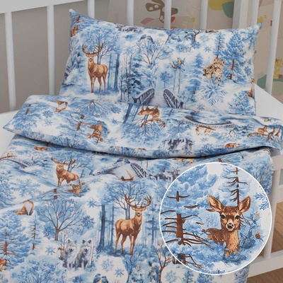 Biante Sandra SA 674 Lesné zvieratá v zimnom lese na modrom do postieľky 90 x 120 cm 40 x 60 cm