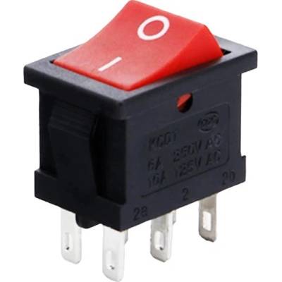 Kolískový vypínač obdĺžnikový KCD1, ON-OFF, červený 250V/6A, 6-pin