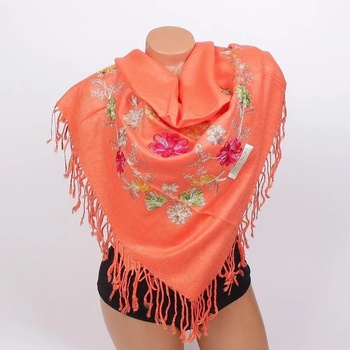 Image 1 of Дамски квадратен шал в оранжево с бродирани цветя