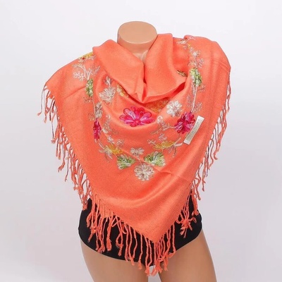 Дамски квадратен шал в оранжево с бродирани цветя