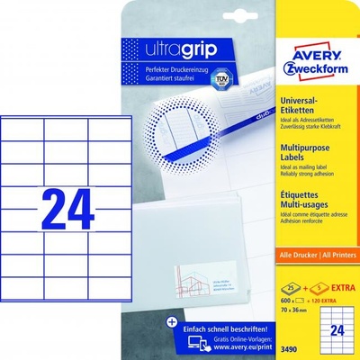 Etikety univerzálne 70x36mm Avery A4 25+5 hárkov