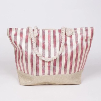 Image 1 of Бежова чанта за плаж с бяло и червено райе