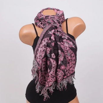 Image 1 of Дамски зимен шал с цветя и орнаменти в розово и черно