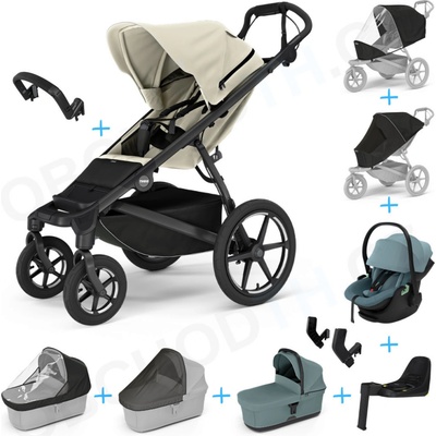 Thule Set 10v1 Urban Glide 4-wheel Mid blue 2024 + madlo + korba Soft beige + pláštěnky a moskytiéry Thule + Autosedačka Thule Maple Mid Blue s ISOFIX základnou Thule Alfi a adaptéry
