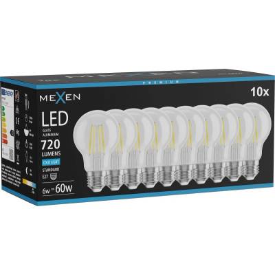 Mexen Vintis 10x LED филамент крушка E27, A60, 6W, Студена - 6500K, 720 lm, прозрачна (L150-E27-0665-00x10)