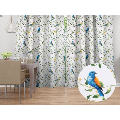 Biante Bavlnený záves Sandra SA-501 Modré vtáky a vetvičky na bielom 150x190 cm