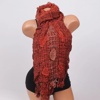 Image 1 of Моден дамски шал в цвят охра и кафяво с релефни цветя