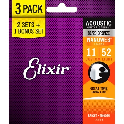 Elixir Nanoweb 80/20 Bronze Custom Light 3-Pack