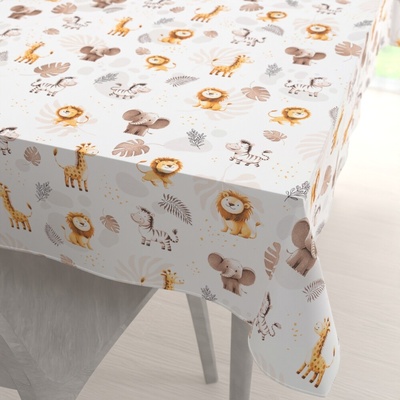 Biante Detský bavlna obdĺžnikový obrus Sandra SA-757 Hnedo-oranžové safari zvieratká na bielom 50x100 cm