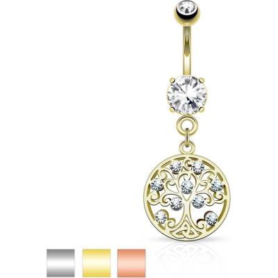 Šperky eshop piercing do bříška z chirurgické oceli strom života v kruhu zirkony AB32.14 měděná