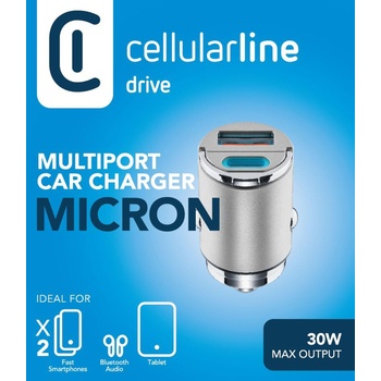 Cellularline Зарядно за кола 12V USB-C PD 30W + USB 18W Micron сиво