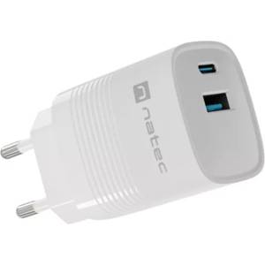  Зарядно устройство Natec Ribera GaN (NUC-2140), от контакт към 1x USB-A(ж), 1x USB-C(ж), 5V/3A, бяло, PD 3.0, 30W
