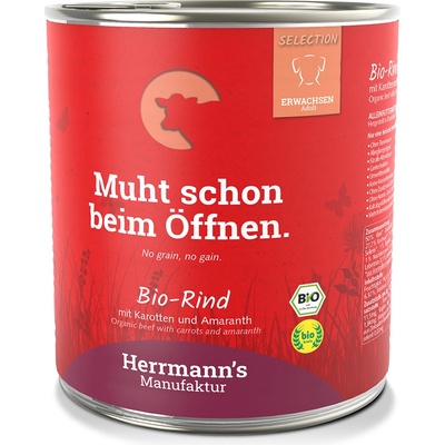 Herrmanns 24х800г Bio-Menu Sensitive Herrmann´s, консервирана храна за кучета - био говеждо с моркови и амарант