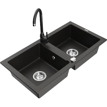 Mexen Mario гранитна кухненска мивка с 2 камери с кухненски смесител Telma, черен/златен - 6504-75-670200-70 (6504-75-670200-70)