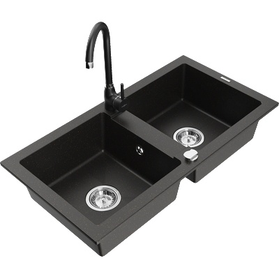 Mexen Mario гранитна кухненска мивка с 2 камери с кухненски смесител Telma, черен/златен - 6504-75-670200-70 (6504-75-670200-70)