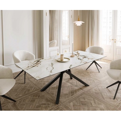 DELIFE Jídelní stůl Edge 180-220 x 100 keramika Calacatta Luxe bílo-zlato-šedá křížová podnož hranatá černá rozkládací