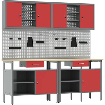 vidaXL Комплект работна маса 8 pcs Червено 200 x 55 x 200 см Стомана (3321497)