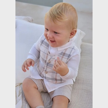 Mayoral Комплект къс панталон лен и риза с елек каре за новородено момче Mayoral