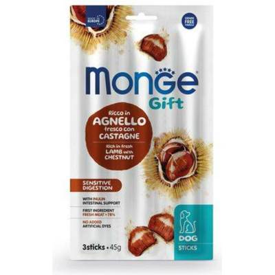 MONGE GIFT SticksSensitive digestion /3 ks tyčinky s jahňacím mäsom a gaštanmi pre psov s citlivým trávením 45 g