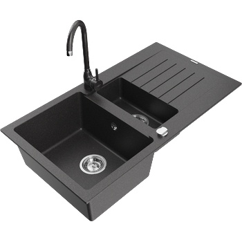Mexen Matias гранитна мивка с 1, 5 камери и отцедник и кухненски смесител Telma, черен на петна - 6502-76-670200-76 (6502-76-670200-76)