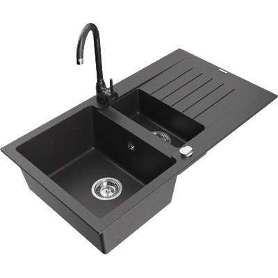 Mexen Matias гранитна мивка с 1, 5 камери и отцедник и кухненски смесител Telma, черен на петна - 6502-76-670200-76 (6502-76-670200-76)