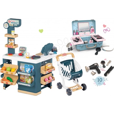 Smoby Set obchod elektronický s váhou a skenerom Super Market a kozmetický kufrík 3v1 a kaderníčka s elektronickým fénom SM350239-6 – Zboží Mobilmania