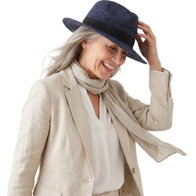 Fiebig Headwear since 1903 Slaměný klobouk Fedora Raffia modrý