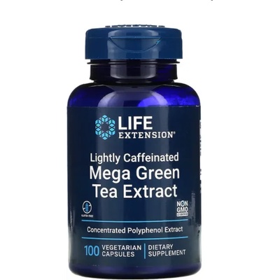 Life Extension Caffeinated Mega Green Tea Extract, екстракт от зелен чай, 100 растителни капсули