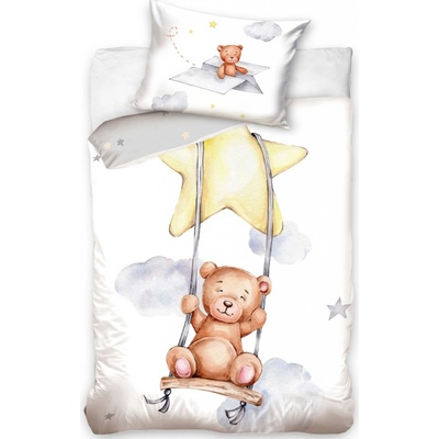 Carbotex Bavlněné povlečení 90x120 povlak na polštář 40 x 60 cm Medvěd na houpačce bílý šedý