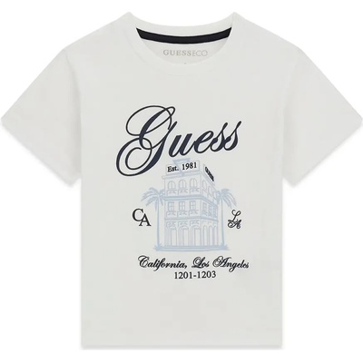 GUESS Тениска в бял цвят за мини момче с тъмно син надпис Guess и щампа на сграда