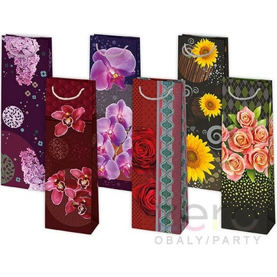 Taška papírová dárková na láhev 10,5x33x8,5 cm (lak) - květiny (mix)