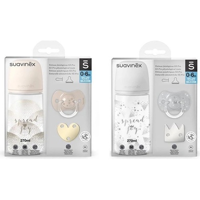 Suavinex sada + dudlík fyziologický klip Joy stříbrná sada +dudlík stříbrná 270ml