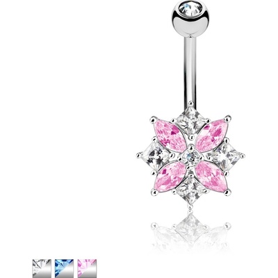 Šperky eshop ocelový piercing do pupíku ve stříbrné barvě zirkonový květ na čtvercovém podkladu Z03.10 Stříbrná čirá