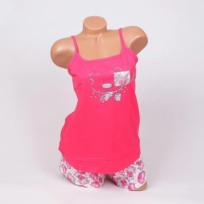 Лятна пижама във вишнев цвят и бяло с мече