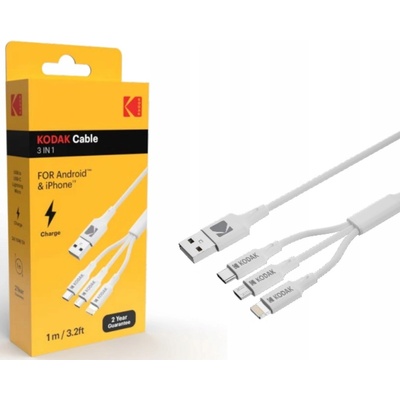 Kodak Кабел USB 3 In 1 Kodak For Android, Iphone, 1м Бял 30425835 (30425835)