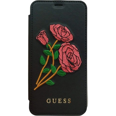 GUESS Flower Desire Book Case - дизайнерски кожен калъф, тип портфейл за iPhone XS, iPhone X (черен)