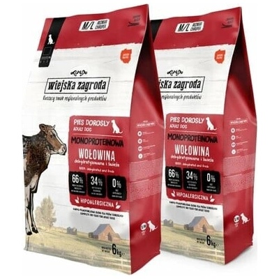 Wiejska Zagroda Monoproteínové hovädzie chipsy pre psov Medium & Large 2 x 6 kg