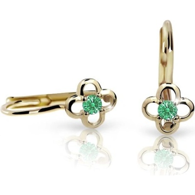 Danfil dětské náušnice kytičky C1944 ze žlutého zlata s kamínkem Emerald Green zapínání klapka