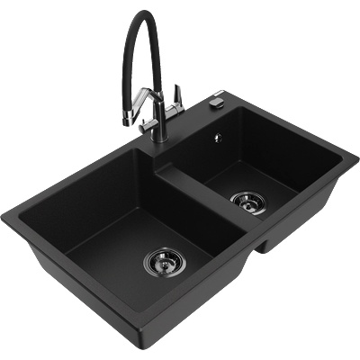 Mexen Tomas гранитна кухненска мивка с 2 камери и кухненски смесител Duo, черна - 6516-77-671701-07-B (6516-77-671701-07-B)