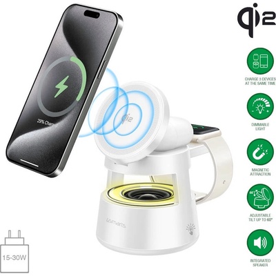 4smarts Безжичен спийкър с тройна поставка (пад) за безжично зареждане за iPhone с Magsafe и AirPods - 4smarts Qi2 Aura Sound 3-in-1 Charging Station With Bluetooth Speaker (бял) (541535)