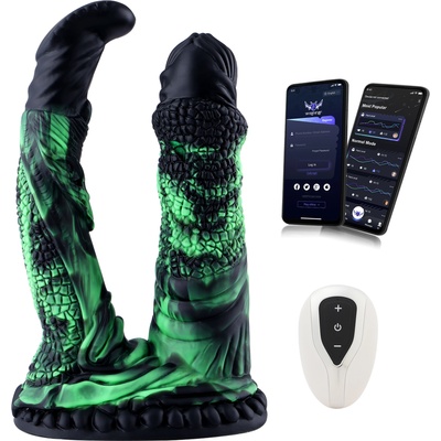 HISMITH WDA039-M-F Wildolo Glow-in-the-dark Liquid Silicone Double Dildo with App 22.7cm Black-Green