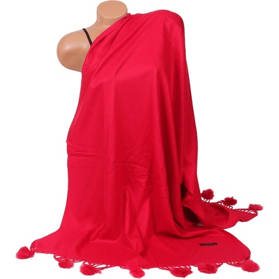 Кашмирен шал в рубинено червен цвят с пухчета