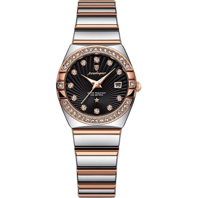 Poedagar Дамски часовник Poedagar CS1865, неръждаема стомана, сребърно-розово злато, черен циферблат (CS1865)