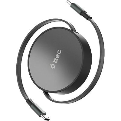 Data кабел ttec USB-C to USB-C Mini Retractable 100W PD/QC 120cm Fast Charge Cable, Cosmic Black - Черен