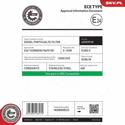 Filtr sazových částic, výfukový systém ESEN SKV 62SKV518