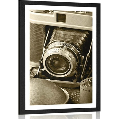 Plakát s paspartou starý fotoaparát v sépiovém provedení - 40x60 white
