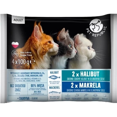 Pet Republic PetRepublic Flow Pack - мокра котешка храна в сашета с халибут и скумрия, 4x100г