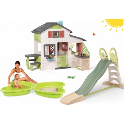 Smoby Set domček Priateľov a šmykľavka Toboggan XL Friends House Life s kuchynkou a pieskovisko Motýľ