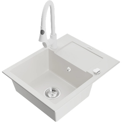 Mexen Enzo гранитна мивка с 1 отделение с отцедник и кухненски смесител Elia, бял - 6506-20-670101-20 (6506-20-670101-20)